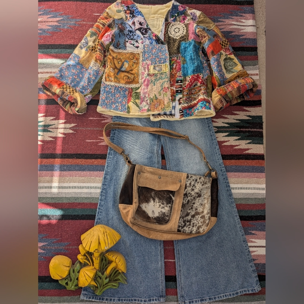 Handmade Boho Hippie Handstitched Patchwork Jacket Upcycled Appliqué Oversized - Picture 14 of 14